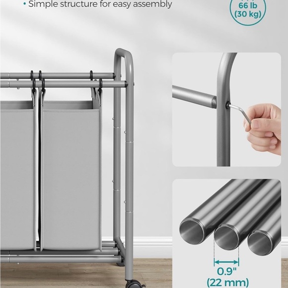 3-Section Laundry Sorter, Laundry Basket with Wheels, Laundry Hamper with 3 Bags - Picture 8 of 8